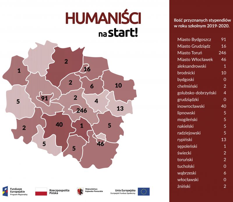 mapka przedstawiająca podział przyznanych stypendiów w roku 2019/2020 ze względu na lokalizację szkoły